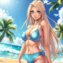 A captivating anime-style illustration of a hot woman with long, flowing blonde hair and striking blue eyes