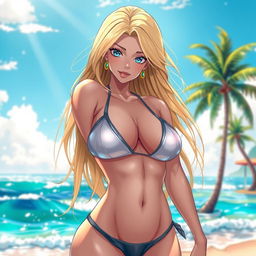 A captivating anime-style illustration of a hot woman with long, flowing blonde hair and striking blue eyes