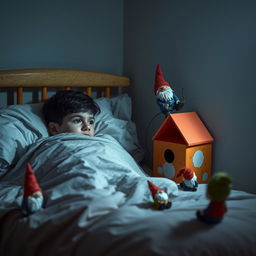 Uma cena aconchegante em um quarto infantil, mostrando um menino de 9 anos com cabelo preto deitado na cama, escondido em um cobertor com apenas os olhos visíveis, observando com curiosidade