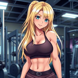 An eye-catching anime-style illustration of a hot woman with long, flowing blonde hair and striking blue eyes, dressed in stylish gym clothes that accentuate her fit physique