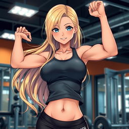 An eye-catching anime-style illustration of a hot woman with long, flowing blonde hair and striking blue eyes, dressed in stylish gym clothes that accentuate her fit physique