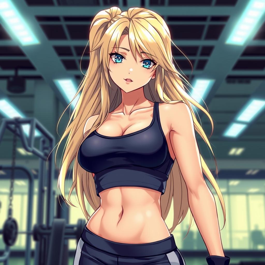 An eye-catching anime-style illustration of a hot woman with long, flowing blonde hair and striking blue eyes, dressed in stylish gym clothes that accentuate her fit physique