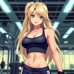 An eye-catching anime-style illustration of a hot woman with long, flowing blonde hair and striking blue eyes, dressed in stylish gym clothes that accentuate her fit physique