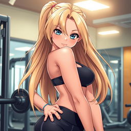 An eye-catching anime-style illustration of a hot woman with long, flowing blonde hair and striking blue eyes, dressed in stylish gym clothes that accentuate her fit physique