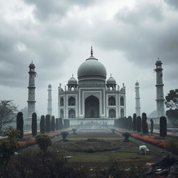 A dystopian scene featuring a destroyed Taj Mahal, with crumbling marble and shattered domes, overgrown with vines and surrounded by debris