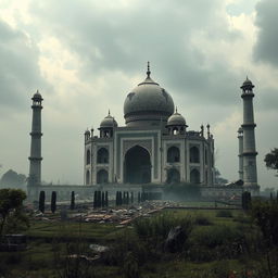 A dystopian scene featuring a destroyed Taj Mahal, with crumbling marble and shattered domes, overgrown with vines and surrounded by debris