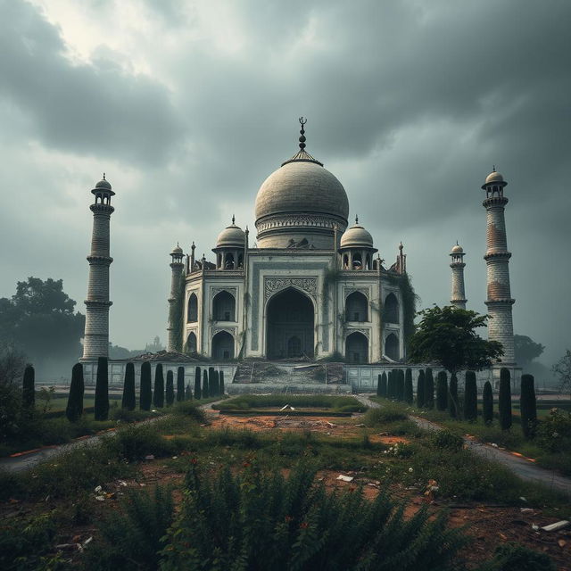 A dystopian scene featuring a destroyed Taj Mahal, with crumbling marble and shattered domes, overgrown with vines and surrounded by debris