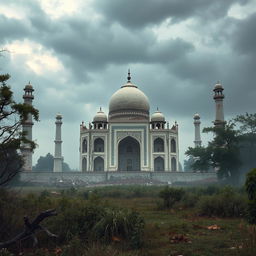 A dystopian scene featuring a destroyed Taj Mahal, with crumbling marble and shattered domes, overgrown with vines and surrounded by debris