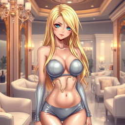 An alluring anime-style illustration of a hot woman with long blonde hair and striking blue eyes, standing in a luxurious salon environment