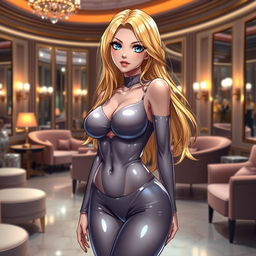 An alluring anime-style illustration of a hot woman with long blonde hair and striking blue eyes, standing in a luxurious salon environment