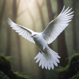 A luminous, white bird spirit soaring magnificently through a mystical, etherial landscape, its feathers shimmering with an otherworldly glow.