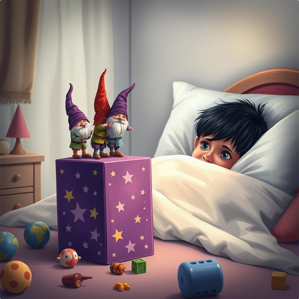 A whimsical bedroom scene featuring a 9-year-old boy with black hair lying in bed, hidden under a blanket with only his eyes peering out