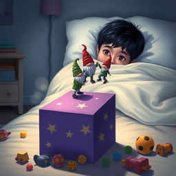 A whimsical bedroom scene featuring a 9-year-old boy with black hair lying in bed, hidden under a blanket with only his eyes peering out