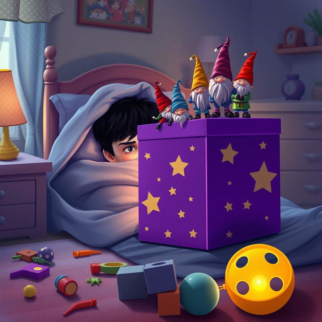 A whimsical bedroom scene featuring a 9-year-old boy with black hair lying in bed, hidden under a blanket with only his eyes peering out