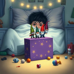 A whimsical bedroom scene featuring a 9-year-old boy with black hair lying in bed, hidden under a blanket with only his eyes peering out