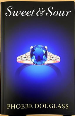 A stunning book cover featuring an engagement ring with a prominent sapphire stone in the center, beautifully designed with intricate details on the band