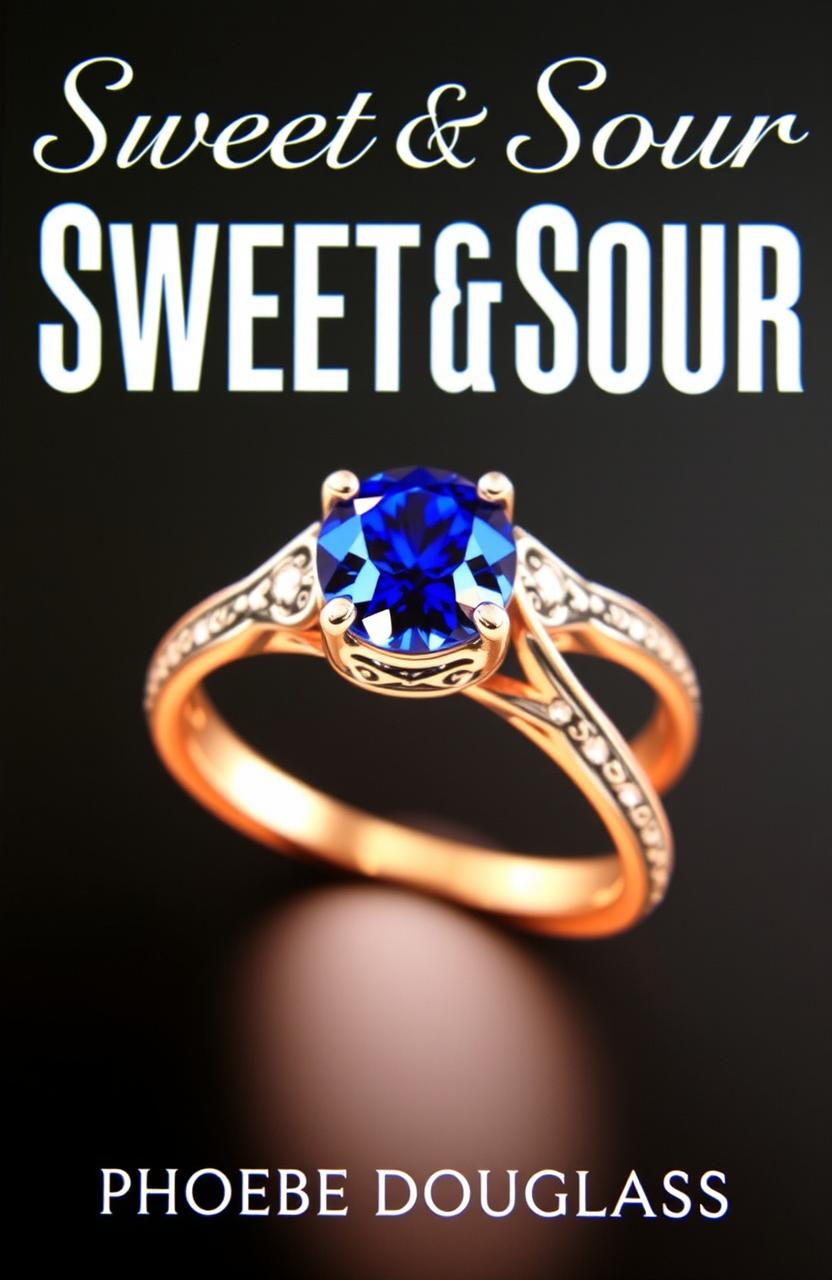 A stunning book cover featuring an engagement ring with a prominent sapphire stone in the center, beautifully designed with intricate details on the band