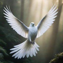 A luminous, white bird spirit soaring magnificently through a mystical, etherial landscape, its feathers shimmering with an otherworldly glow.