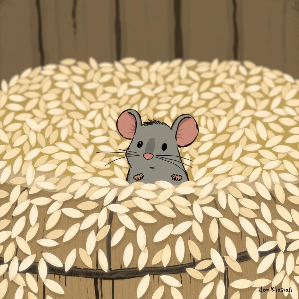 A small gray mouse is poking its head out of a rice barrel filled to the brim with rice grains