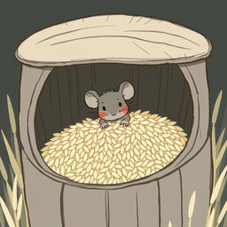 A small gray mouse is poking its head out of a rice barrel filled to the brim with rice grains