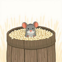 A small gray mouse is poking its head out of a rice barrel filled to the brim with rice grains