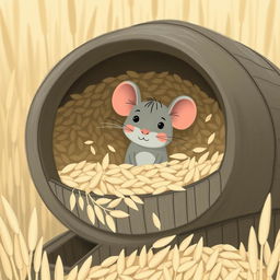 A small gray mouse is poking its head out of a rice barrel filled to the brim with rice grains