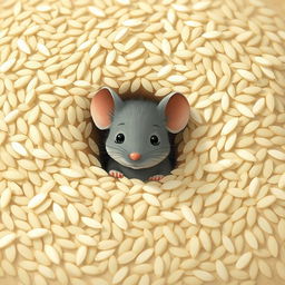 A small gray mouse has burrowed into a rice barrel overflowing with rice, with its head peeking out adorably