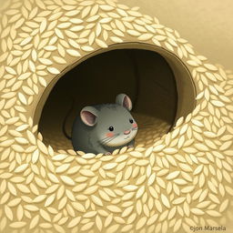 A small gray mouse has burrowed into a rice barrel overflowing with rice, with its head peeking out adorably