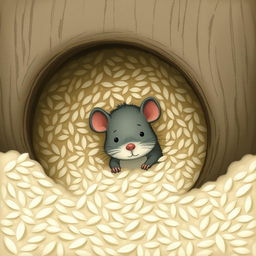 A small gray mouse has burrowed into a rice barrel overflowing with rice, with its head peeking out adorably