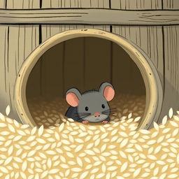 A small gray mouse has burrowed into a rice barrel overflowing with rice, with its head peeking out adorably