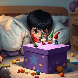 A charming bedroom scene showcasing a 9-year-old boy with black hair lying in bed, tucked under a blanket with only his eyes peeking out, full of curiosity