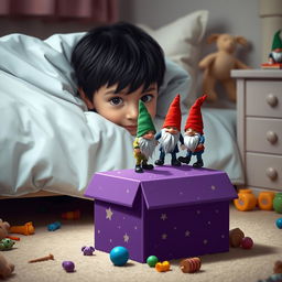 A charming bedroom scene showcasing a 9-year-old boy with black hair lying in bed, tucked under a blanket with only his eyes peeking out, full of curiosity