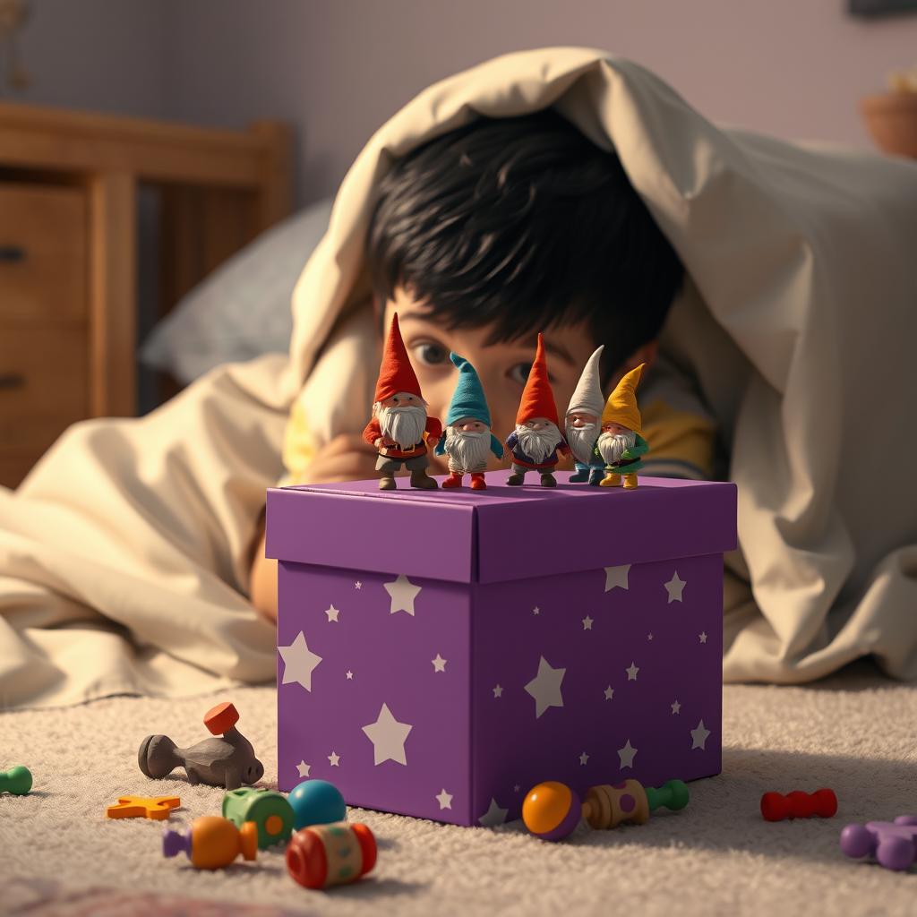 A charming bedroom scene showcasing a 9-year-old boy with black hair lying in bed, tucked under a blanket with only his eyes peeking out, full of curiosity