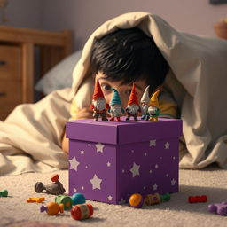 A charming bedroom scene showcasing a 9-year-old boy with black hair lying in bed, tucked under a blanket with only his eyes peeking out, full of curiosity