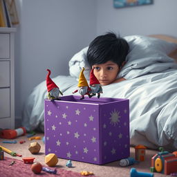 A charming bedroom scene showcasing a 9-year-old boy with black hair lying in bed, tucked under a blanket with only his eyes peeking out, full of curiosity