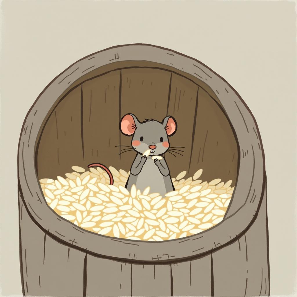 A small gray mouse is standing inside a rice barrel filled to the top with rice, happily nibbling on a grain of rice