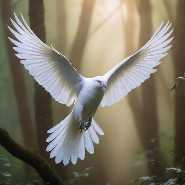 A luminous, white bird spirit soaring magnificently through a mystical, etherial landscape, its feathers shimmering with an otherworldly glow.