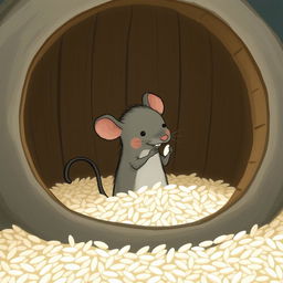 A small gray mouse is standing inside a rice barrel filled to the top with rice, happily nibbling on a grain of rice