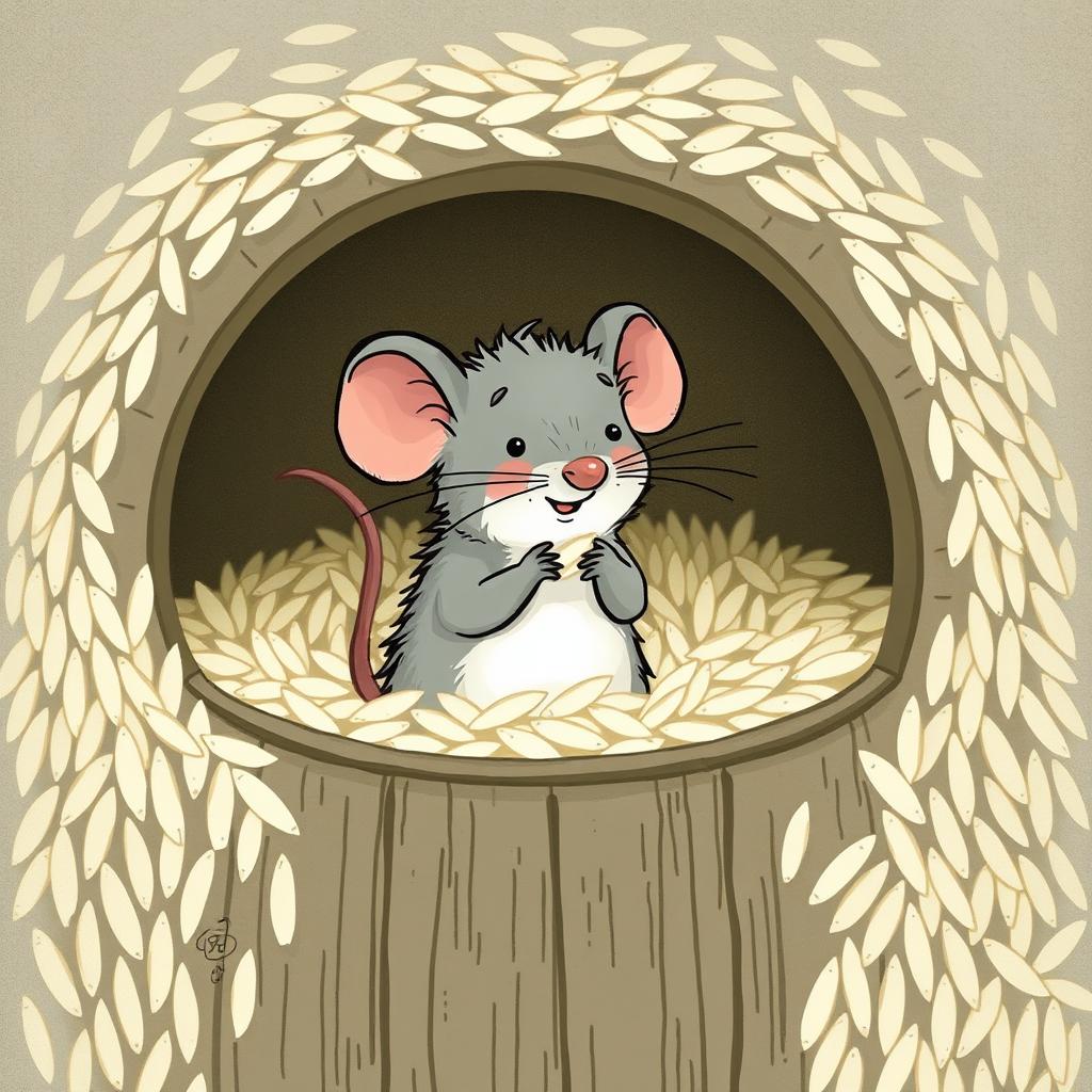 A small gray mouse is standing inside a rice barrel filled to the top with rice, happily nibbling on a grain of rice