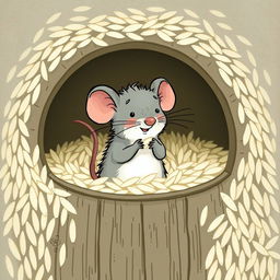 A small gray mouse is standing inside a rice barrel filled to the top with rice, happily nibbling on a grain of rice