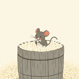 A small gray mouse is standing inside a rice barrel filled to the top with rice, happily nibbling on a grain of rice