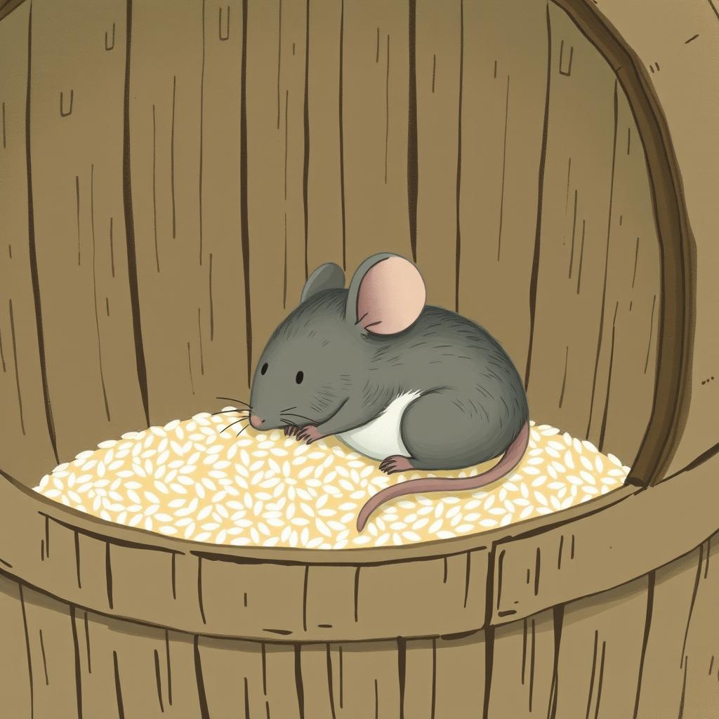 A small gray mouse is comfortably lying in a rice barrel that has only a little bit of rice at the bottom