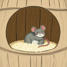 A small gray mouse is comfortably lying in a rice barrel that has only a little bit of rice at the bottom