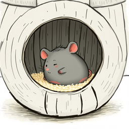 A small gray mouse is comfortably lying in a rice barrel that has only a little bit of rice at the bottom