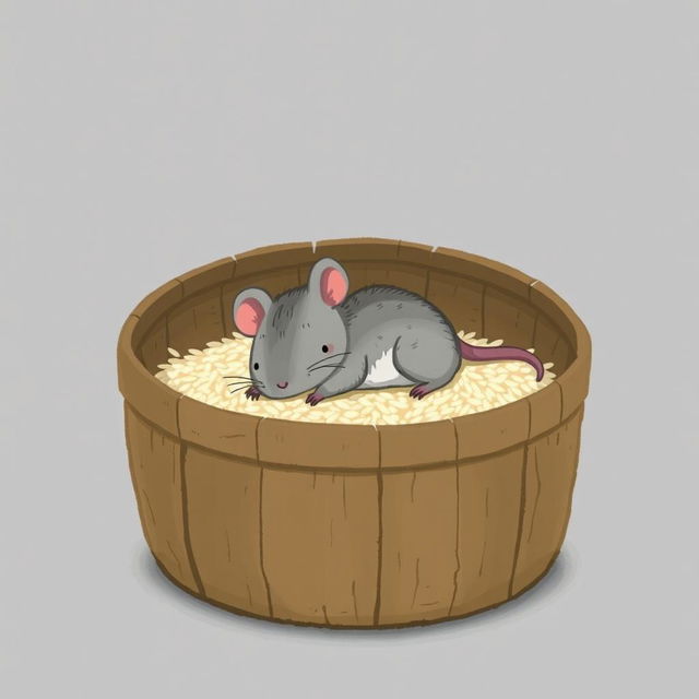 A small gray mouse is comfortably lying in a rice barrel that has only a little bit of rice at the bottom