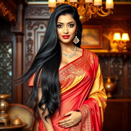 A seductive Indian woman with long, flowing black hair wearing a beautifully intricate traditional sari that highlights her elegant figure