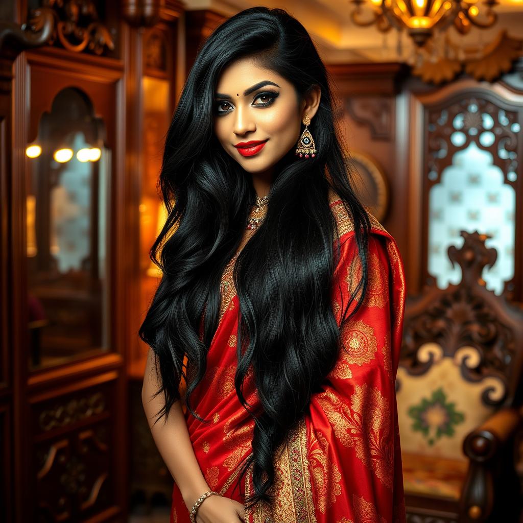 A seductive Indian woman with long, flowing black hair wearing a beautifully intricate traditional sari that highlights her elegant figure