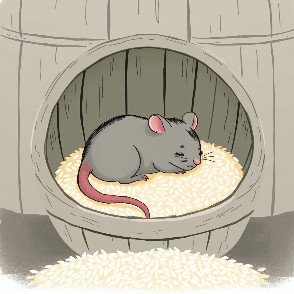 A small gray mouse is lying down in a rice barrel that has only a small amount of rice at the bottom