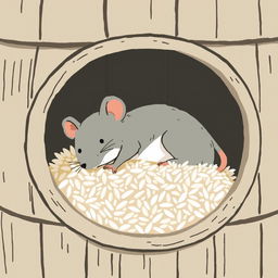 A small gray mouse is lying down in a rice barrel that has only a small amount of rice at the bottom