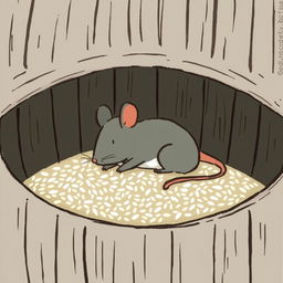 A small gray mouse is lying down in a rice barrel that has only a small amount of rice at the bottom